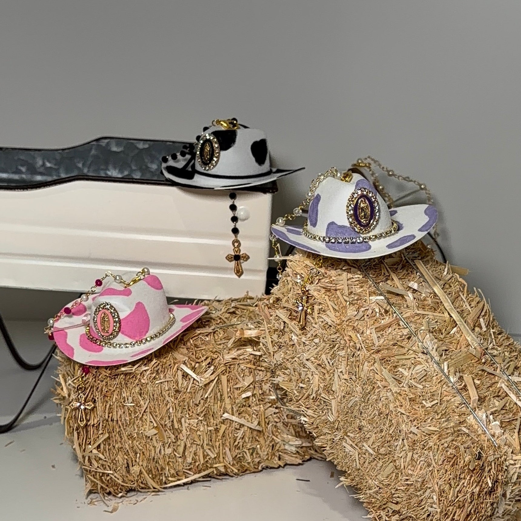 Western Keepsakes - Cowprint Cowboy Hats with Catholic Religious Charms