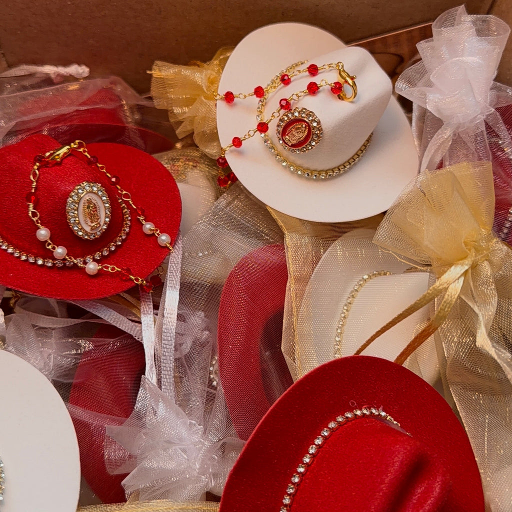 Western Keepsakes - White & Red Mix Cowboy Hats with Catholic Religious Charms