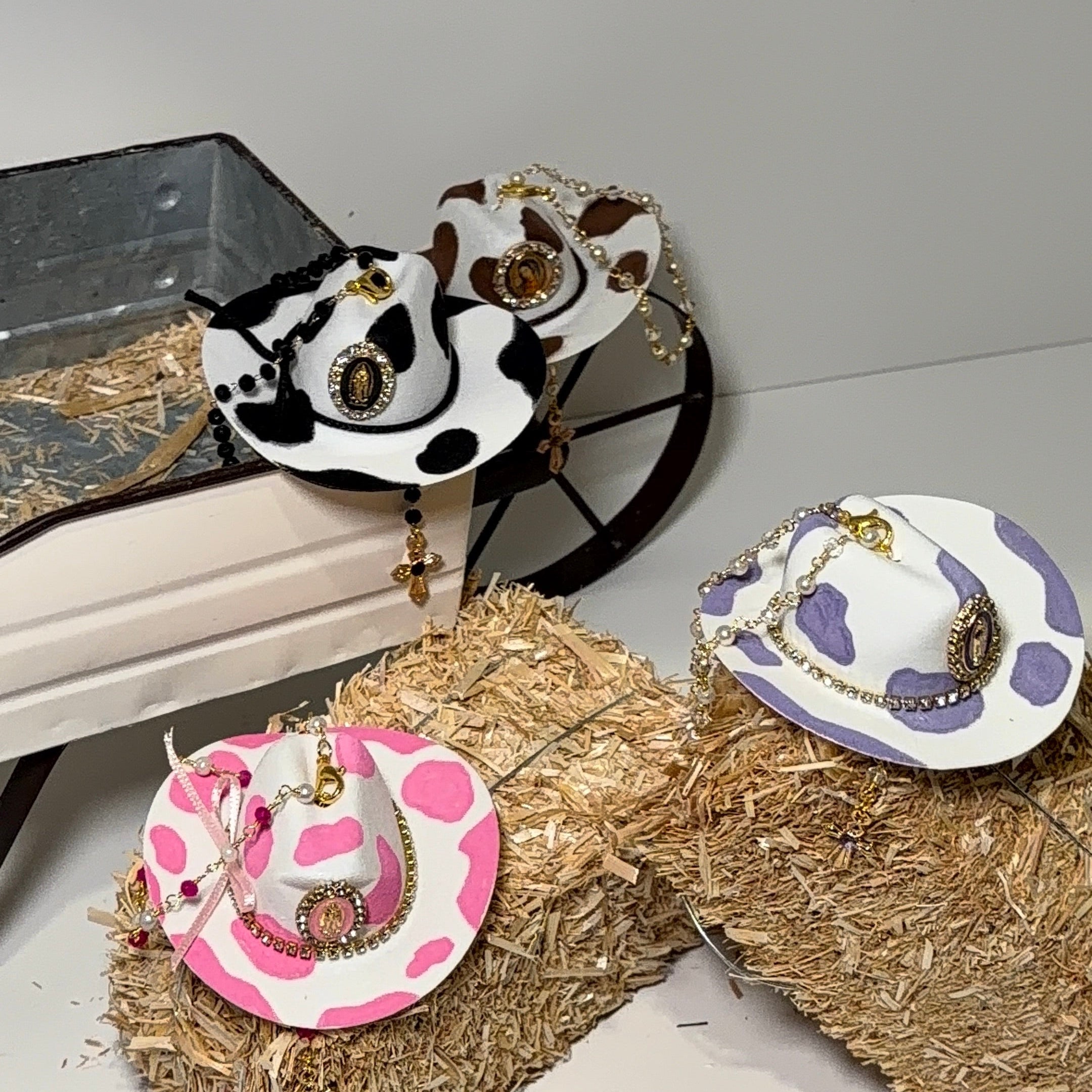Western Keepsakes - Cowprint Cowboy Hats with Catholic Religious Charms