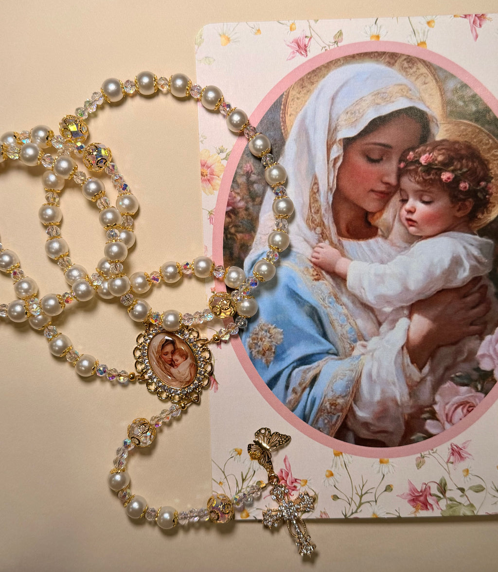 Pearl Mother & Child Rosary for Mother's Day | Handmade Catholic Gift