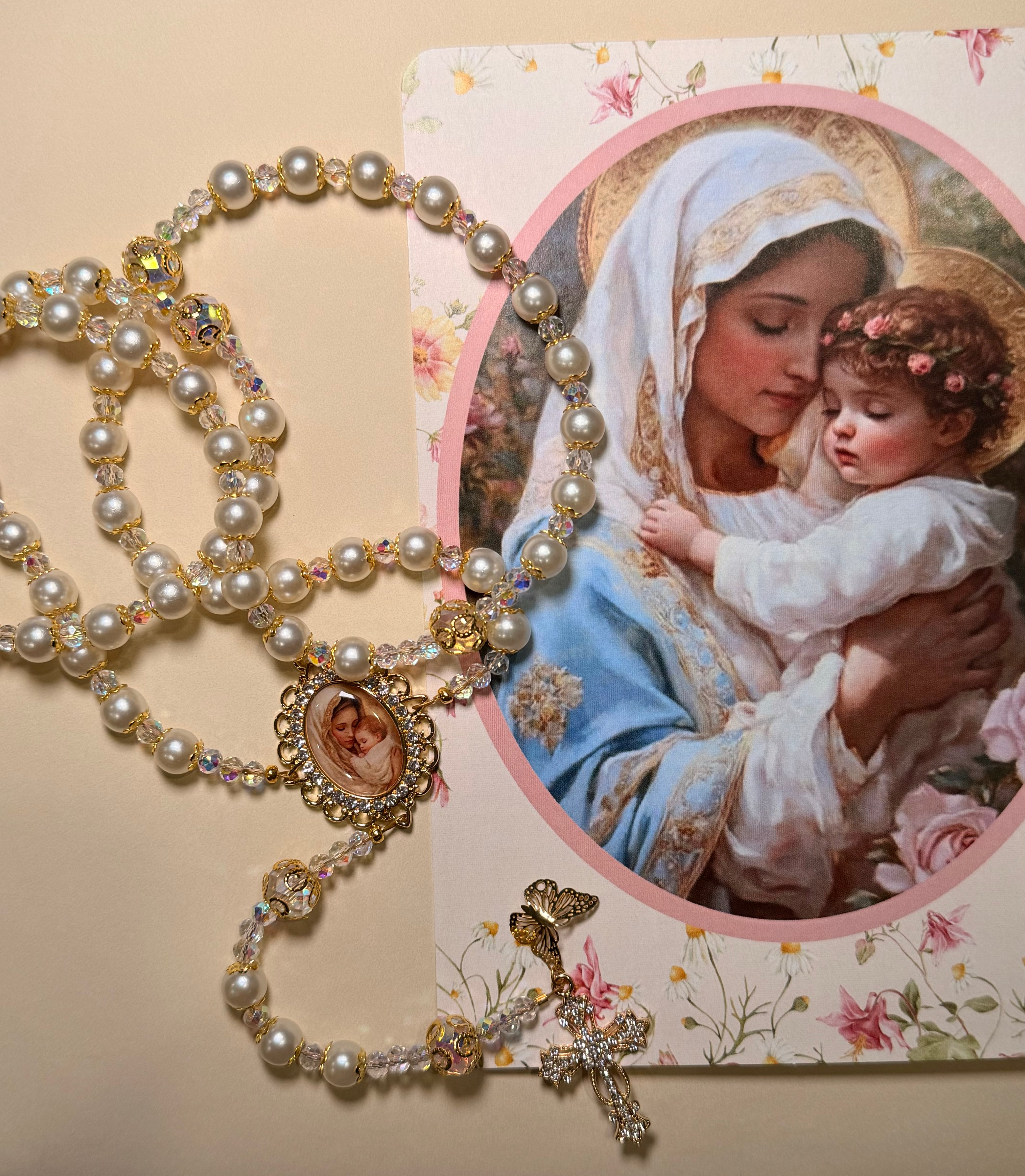 Pearl Mother & Child Rosary for Mother's Day | Handmade Catholic Gift