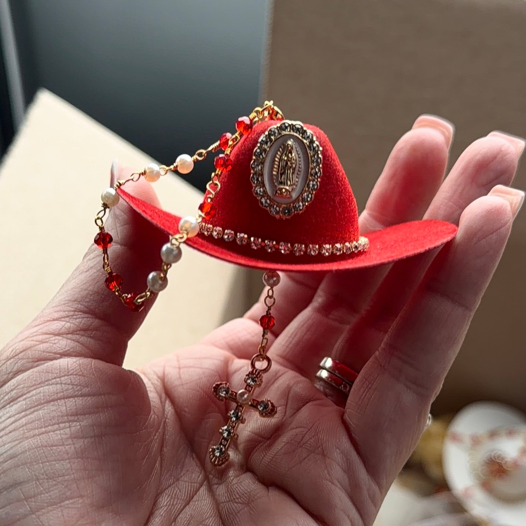 Western Keepsakes - White & Red Mix Cowboy Hats with Catholic Religious Charms