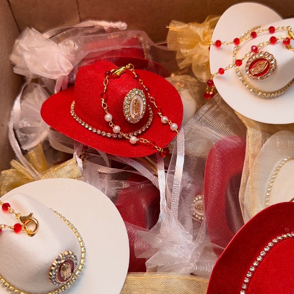 Western Keepsakes - White & Red Mix Cowboy Hats with Catholic Religious Charms