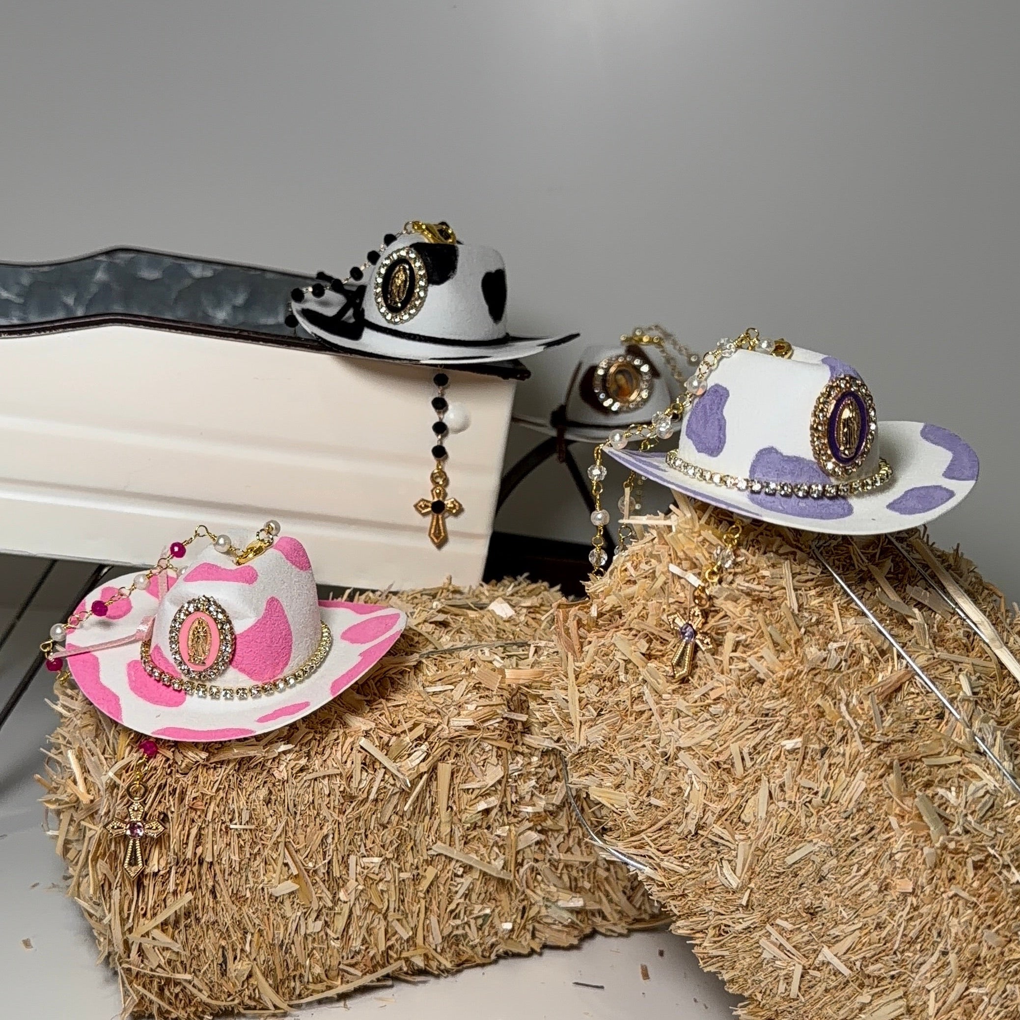 Western Keepsakes - Cowprint Cowboy Hats with Catholic Religious Charms