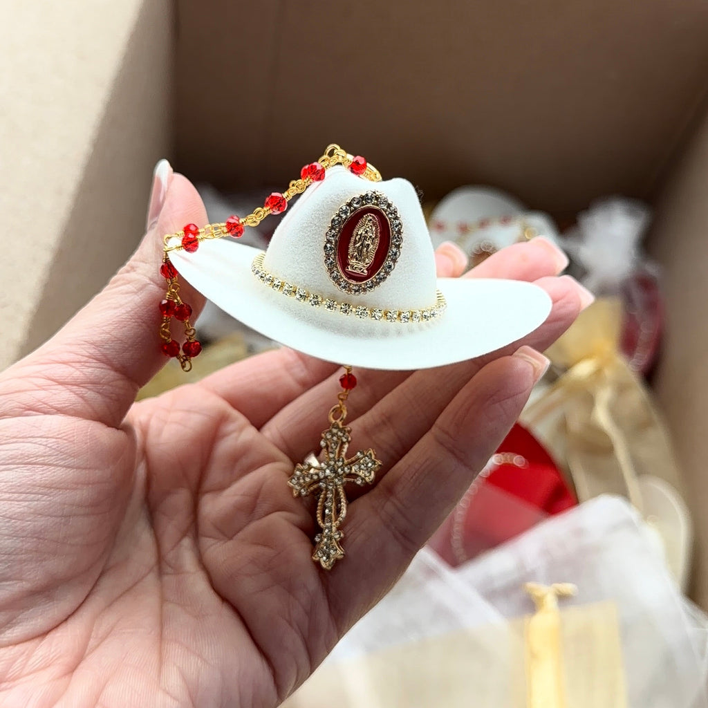 Western Keepsakes - White & Red Mix Cowboy Hats with Catholic Religious Charms