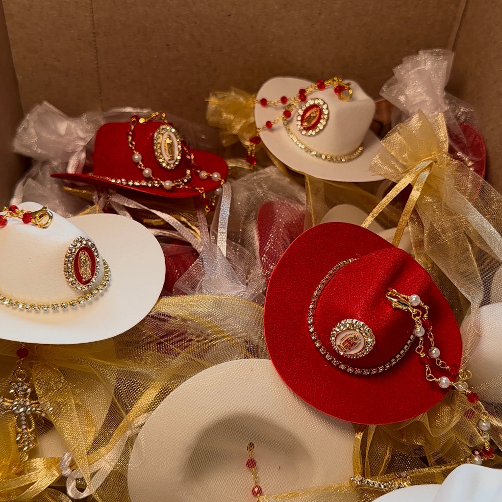 Western Keepsakes - White & Red Mix Cowboy Hats with Catholic Religious Charms