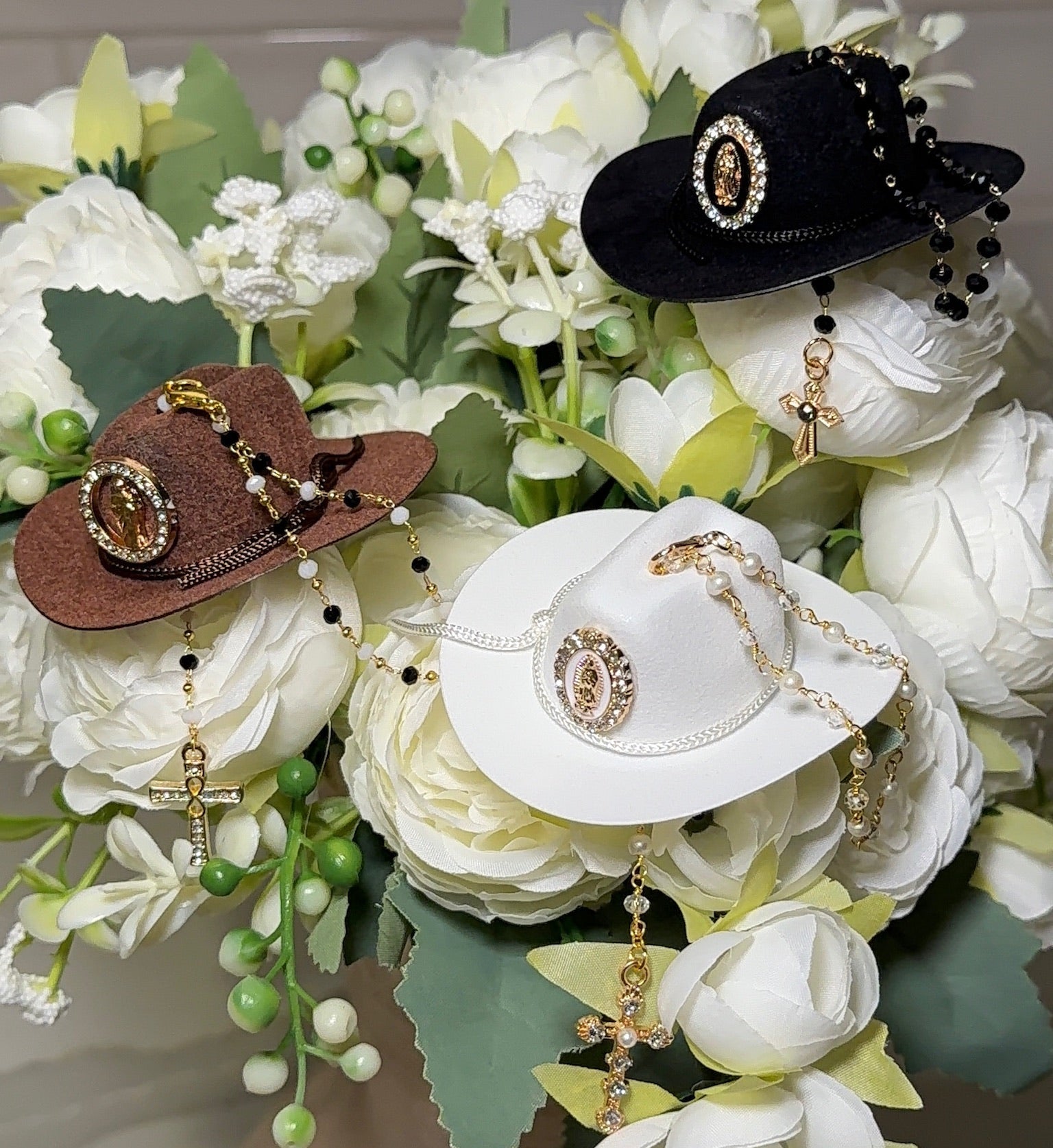 Western Keepsakes - Neutral Color Cowboy Hats with Catholic Religious Charms