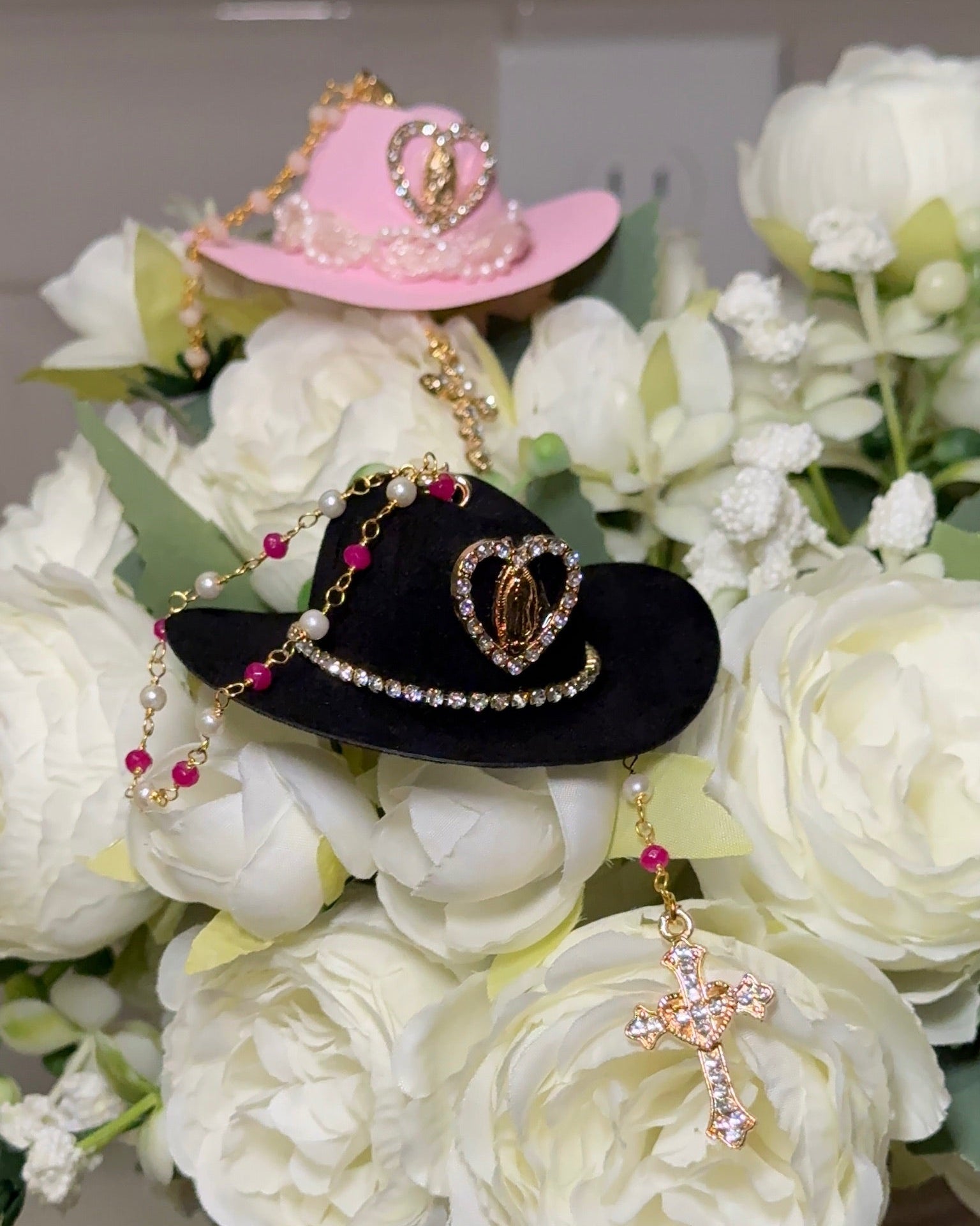 Western Keepsakes - Pink Variety Cowboy Hats with Catholic Religious Charms