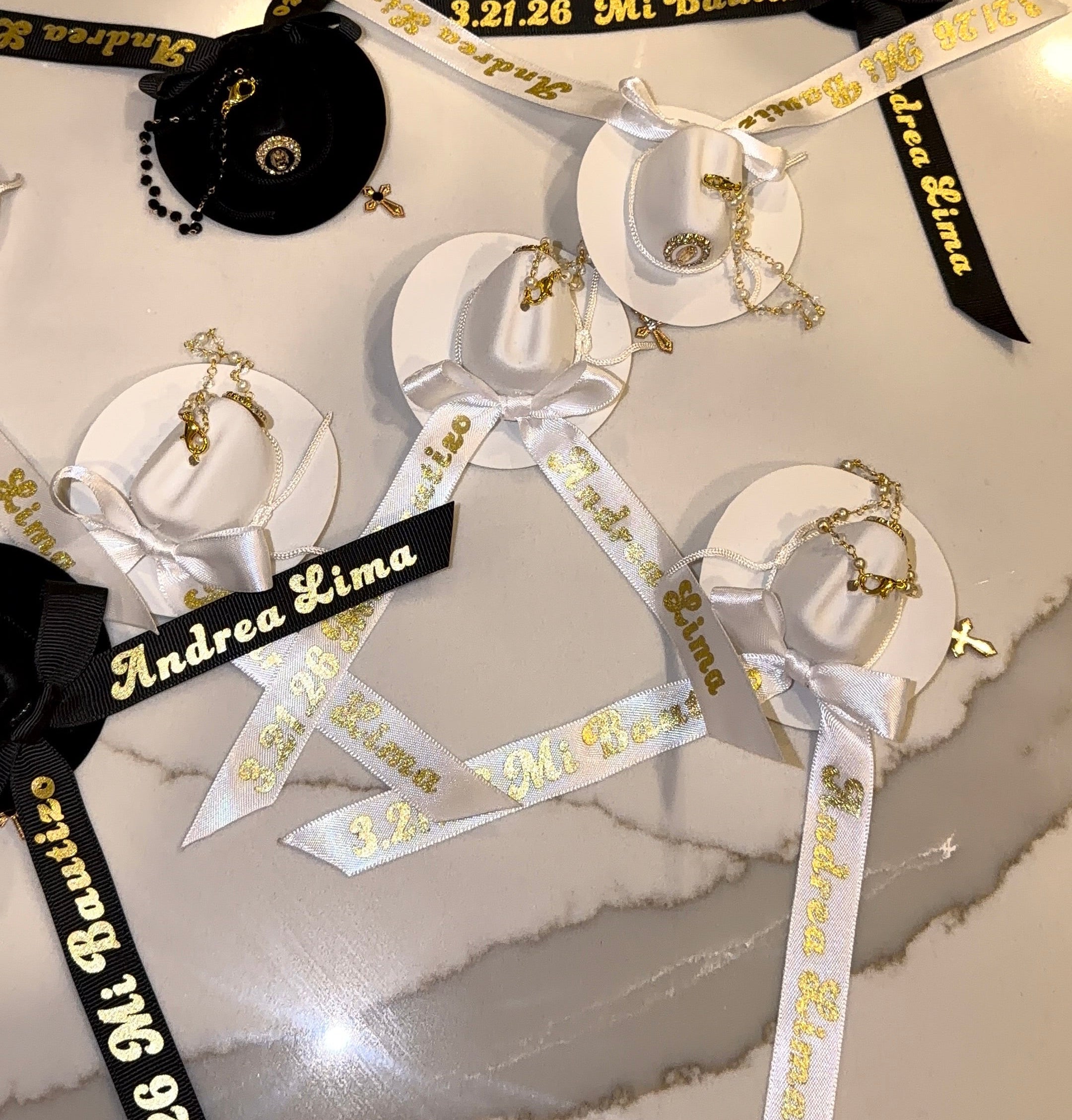 Custom Ribbon Western Keepsakes - White Cowboy Hats with Our Lady of Guadalupe Charm